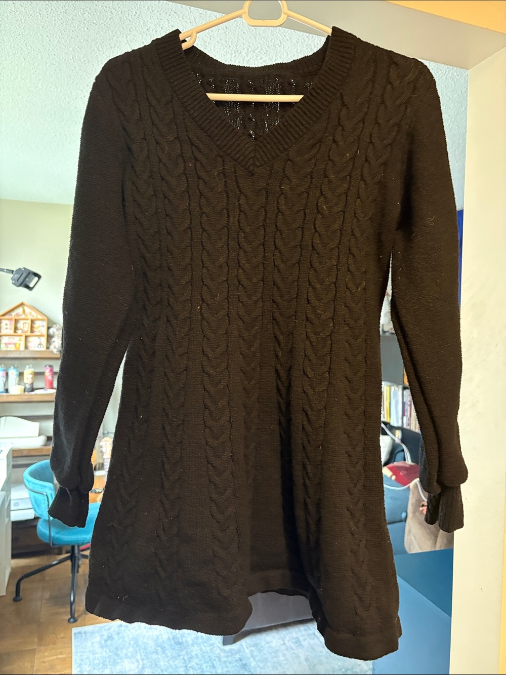 Halara V-Neck Cable Knit Long Sleeve Sweater Dress - Black
